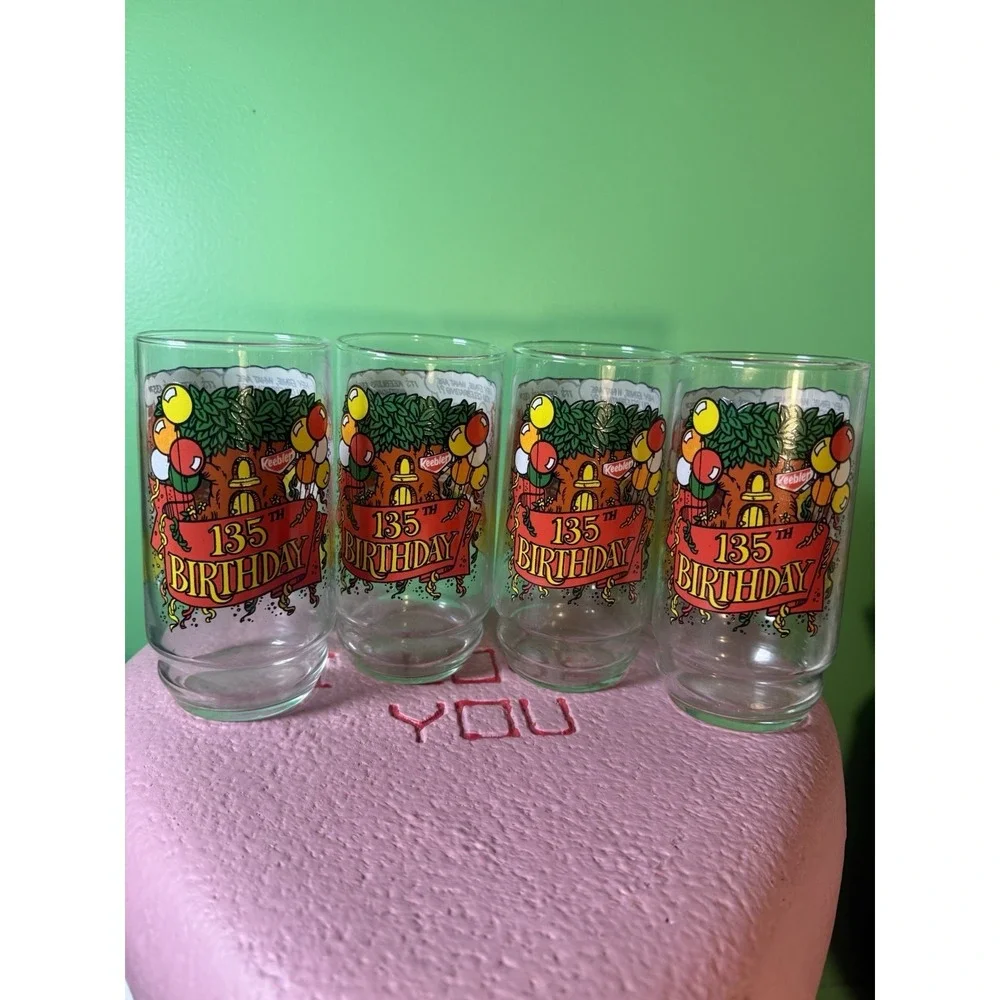 Vintage Set /4 1988 16oz Drinking Glasses Keebler Elves 135th Aniversay PROMO